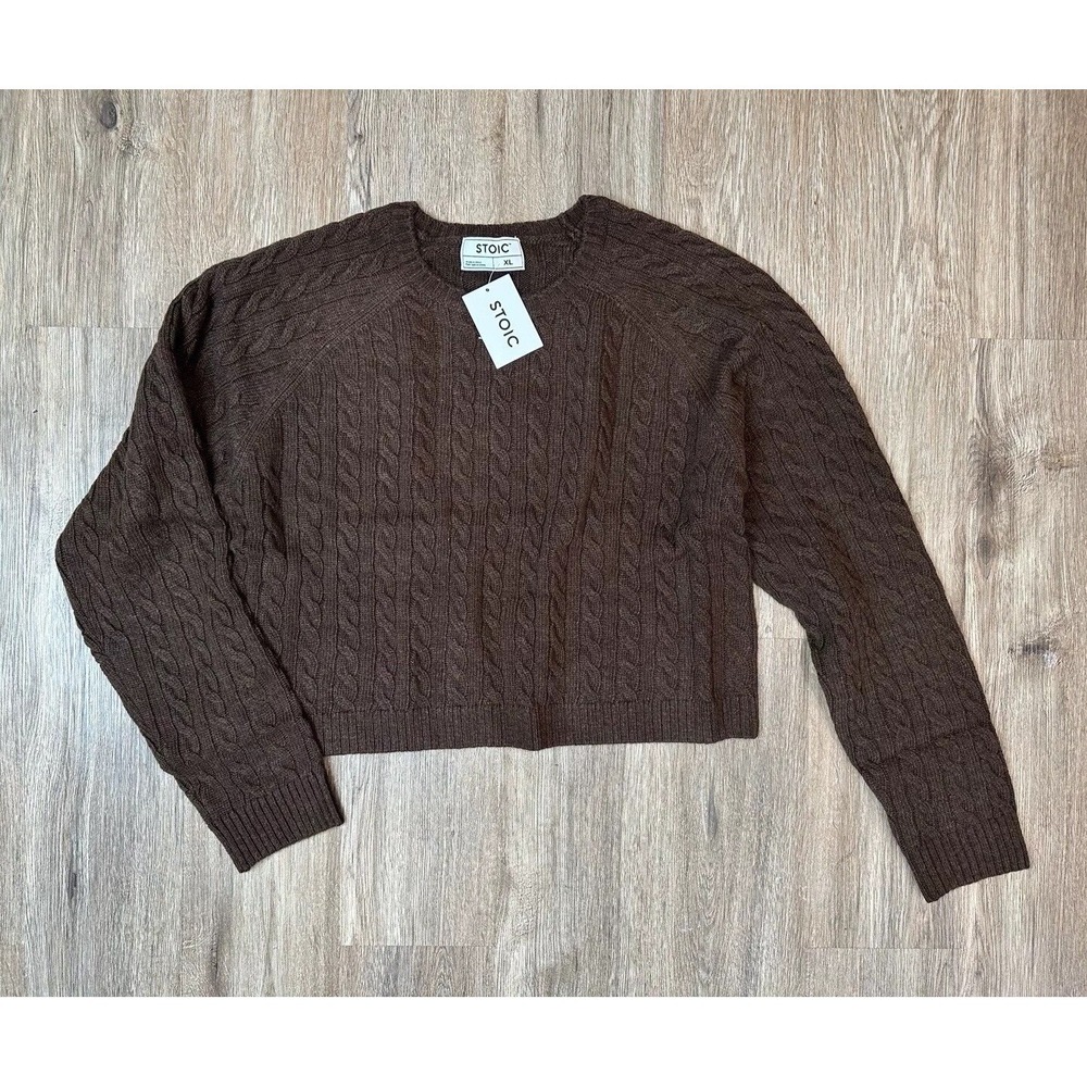 NWT STOIC Cable Knit Cropped Fisherman Sweater / Downtown Brown‎ / Women's XL